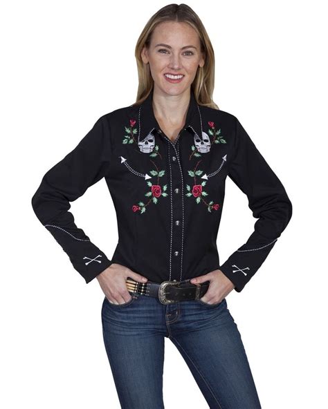 Scully Womens Skulls And Roses Embroidered Long Sleeve Western Snap