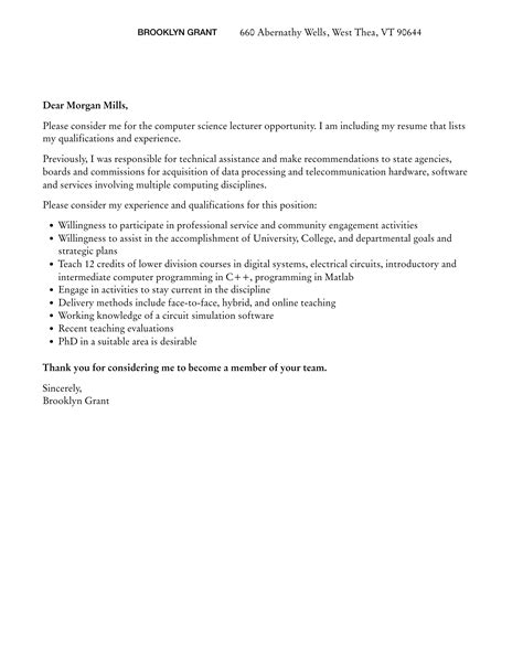 Computer Science Lecturer Cover Letter Velvet Jobs