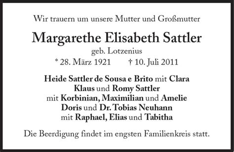 Traueranzeigen Von Margarethe Elisabeth Sattler Sz Gedenken De