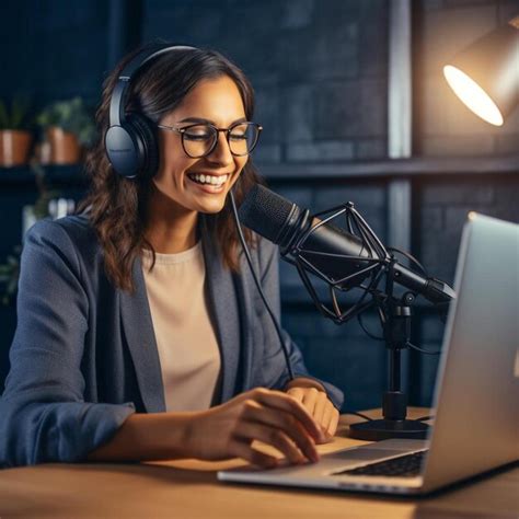 Premium Ai Image Cheerful Woman Podcaster Recording Her Voice Into