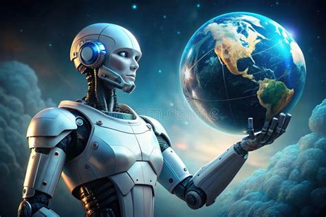 Robot Age New Generation Robots Robot Holding A World Globe Stock