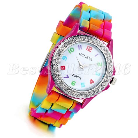 Womens Wrist Watch Rainbow Rhinestone Jelly Silicone Band Quartz