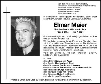 Traueranzeigen Von Elmar Maier Trauer Bz