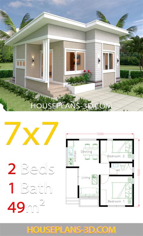 Small House Design 7x7 With 2 Bedrooms House Plans 3D