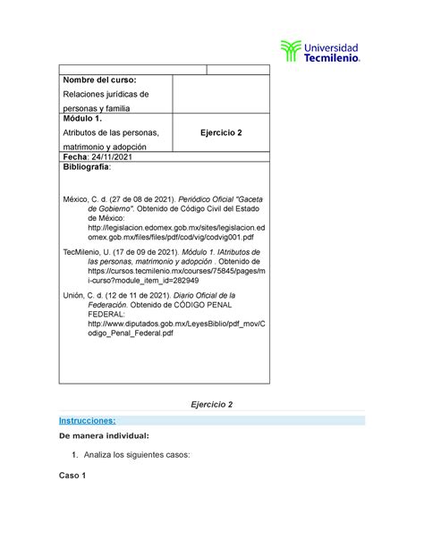 Ejercicio Relaciones Jur Dicas De Personas Y Familia Nombre Del