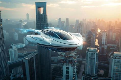 A Futuristic Spaceship Flying Over A City With A City In The Background