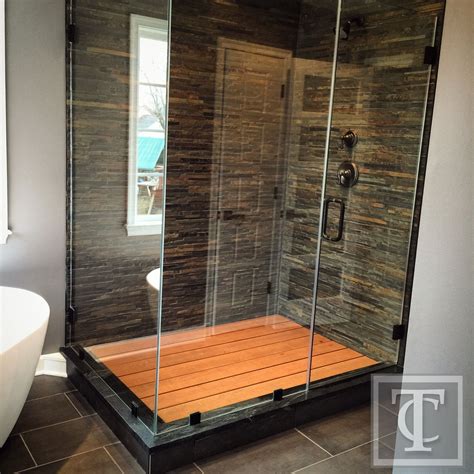 Slate Shower Tile With Frameless Shower Door Contemporary Master