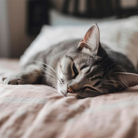 Un gato está acostado en una cama con los ojos cerrados Foto Premium