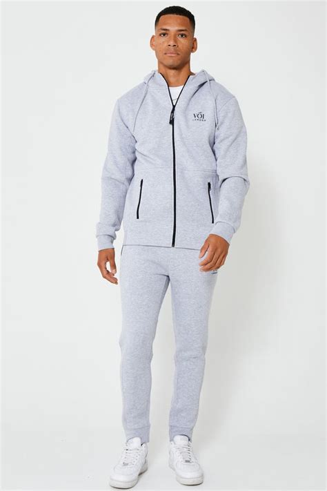 Mens Full Zip Fleece Tracksuit Set Slim Fit With Zipped Pockets Hoodie And Joggers In Light