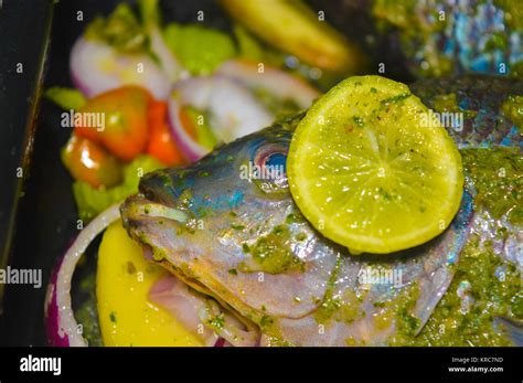 Fresh Uncooked Spiced Tilapia Fish Stock Photo Alamy