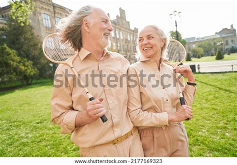 Positive Delighted Bearded Man Walking His Stock Photo 2177169323