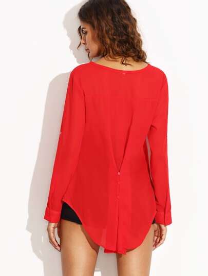 Red Long Sleeve V Neck Blouse Shein Sheinside