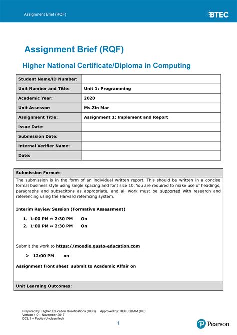 Hnd Programming As Assignment Brief Rqf Higher National