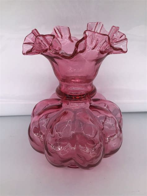 Vintage Fenton Cranberry Pink Pinch Ruffle Top With Bulbous Melon Shape Ribbed Bottom Glass Vase