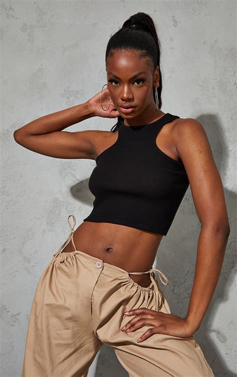 Black Rib Extreme Crop Racer Tops Prettylittlething Usa