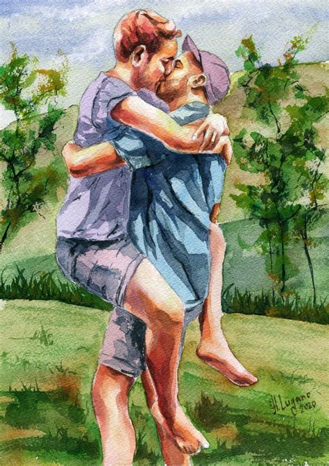 Print Original Artwork Watercolor Painting Gay Male Men Kiss Ebay