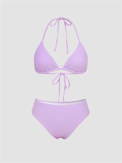 Knit Fabric Halter Triangle Bikini Swimsuit For Vacation Swimming Pool Beach