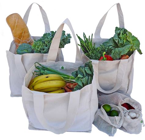 Canvas Grocery Shopping Bags With Inside Pockets 3 Pack 3 Mesh Produce Bags Set