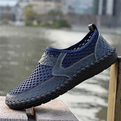 Men S Driving Shoes Slip On Loafers Leather Summer Breathable Mesh