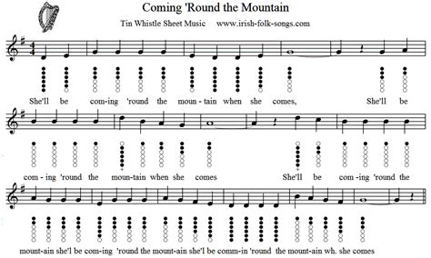 Coming 'Round The Mountain Tin Whistle Sheet Music - Irish folk songs