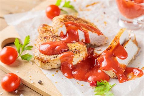 Slices Of Roast Pork Meat With Tomato And Ketchup On A Wooden Board