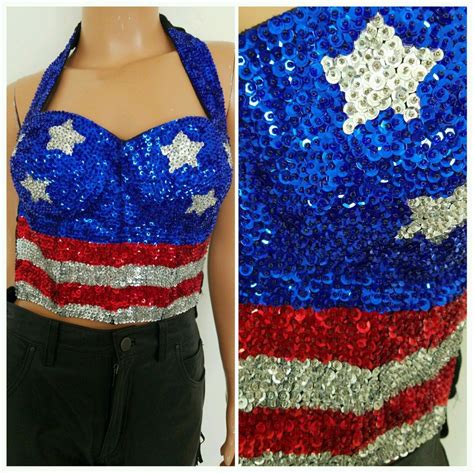 RARE Vintage Sequin Halter Top Bustier American Flag Bustier Top