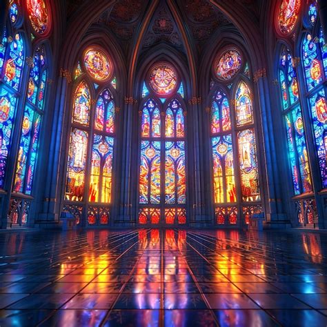 Gothic Cathedral Interior With Stained Glass Windows Premium Ai