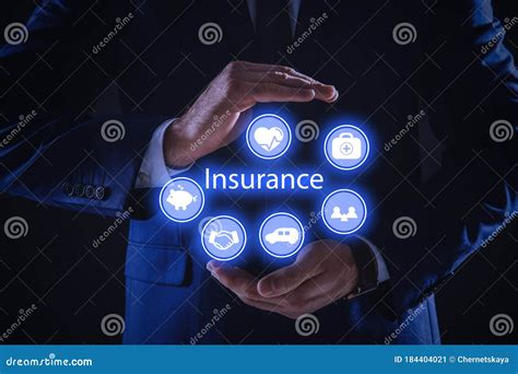 Businessman Holding Different Icons On Background Closeup Insurance