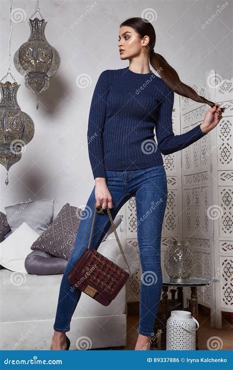 Beautiful Woman Brunette Hair East Style Arabic Morocco Stock Photo Image Of Denim Elegance