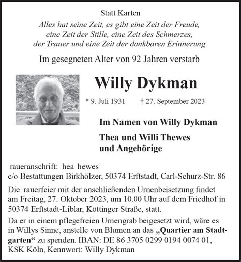 Traueranzeigen Von Willy Dykman WirTrauern