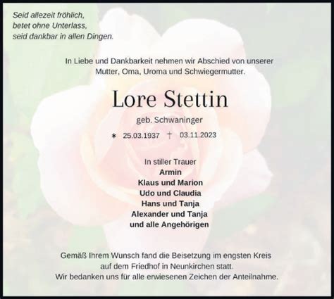 Traueranzeigen Von Lore Stettin S Dwest Presse Trauer