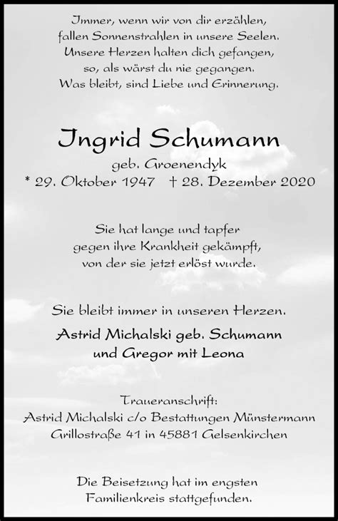 Traueranzeigen Von Ingrid Schumann Trauer In NRW De