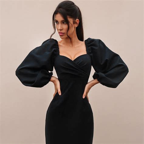 Puff Sleeve Plain Slit Bodycon Corset Dress Meet Yours Fashion