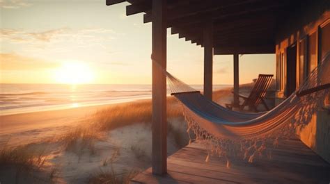 Premium Ai Image A Hammock Sitting On A Porch Next To A Beach