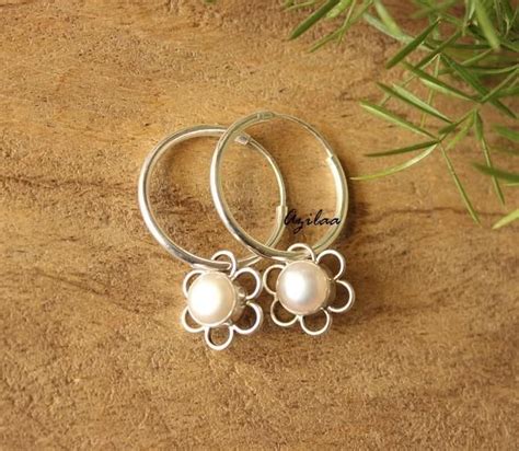 Pearl Flower Sterling Silver Gemstone Hoop Earrings Gemstone Hoop