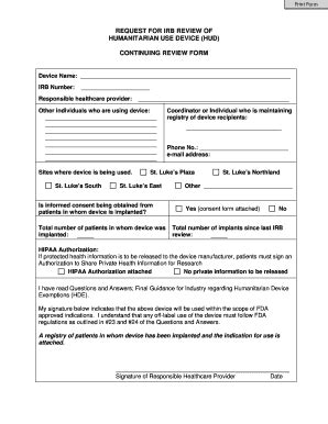 Fillable Online HUD Continuing Review Form Pdf Saint Luke S Health