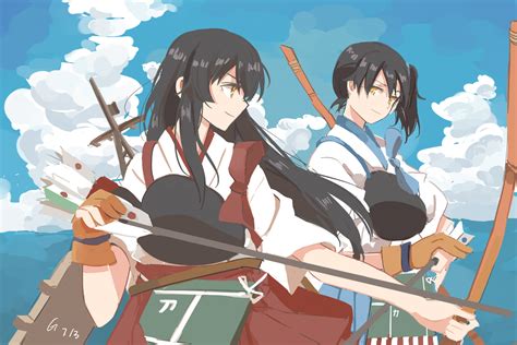 2girls Akagi Kancolle Anthropomorphism Bow Weapon Clouds Ghost