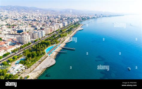 Aerial View Of Molos Promenade Park On The Coast Of Limassol City