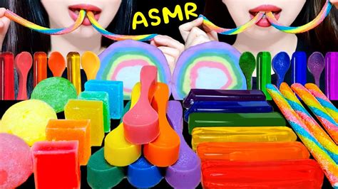 ASMR RAINBOW DESSERTS 무지개 먹방 EDIBLE SPOON KOHAKUTO COTTON CANDY 먹는