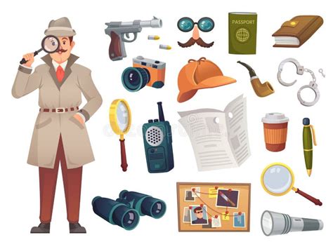 Private Detective Equipment Cartoon Inspector Tools Investigator