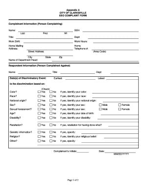 Fillable Online CITY OF CLARKSIVLLE EEO COMPLAINT FORM Complainant