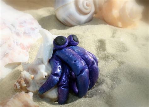 Purple Polymer Clay Hermit Crab In Seashell Sculpture