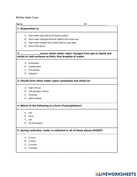 Bill Nye The Science Guy Water Cycle Environment Video Worksheets Library