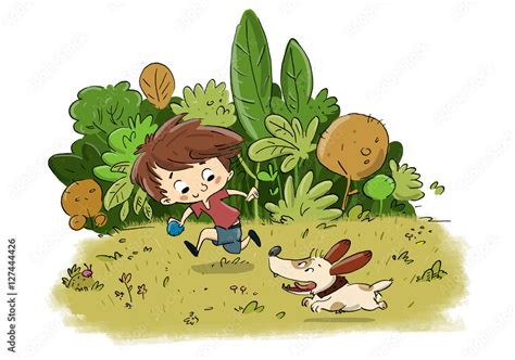 Ni O Con Un Perro Jugando En Un Parque Con Plantas Y Jardin Ilustraci N