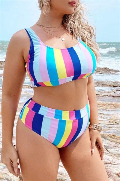 Wholesale Multicolor Sexy Striped Print Backless U Neck Plus Size