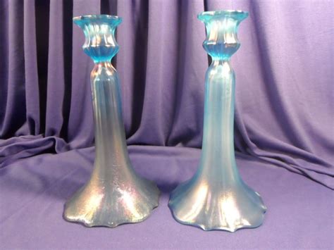 Beautiful Celeste Blue Tiffin 310 Iridescent Stretch ~~ One Pair Candle Holders Candle