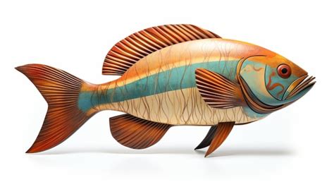 Colorida Escultura De Peces Tallados En Madera Sobre Un Fondo Blanco