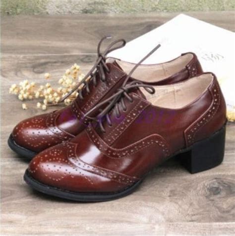 Womens Leather Brogue Lace Up Mid Cuban Heels Oxfords Court Party Shoes