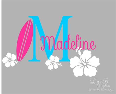 Surf Wall Decal Surfboard Hibiscus Flower Initial With Name Girl Room