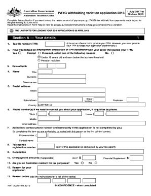 Payg Withholding Variation Application Form Fill Online